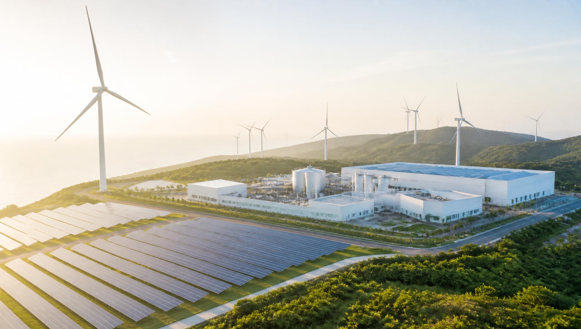 Aerial daylight view of wind turbines, solar arrays and a clean energy processing facility